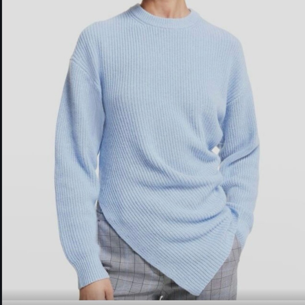 Michael Kors Collection Cashmere Linen Blend Asymmetric Sweater Oxford Blue XL